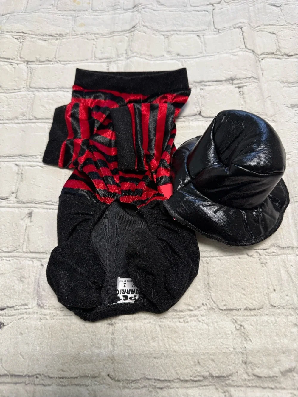 Pet Warrior Dog red and black shirt and black pants custome. Halloween costume.